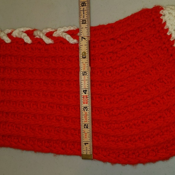 Handmade Red and White Lace Up Yarn Christmas Holiday Stocking - Picture 11 of 12